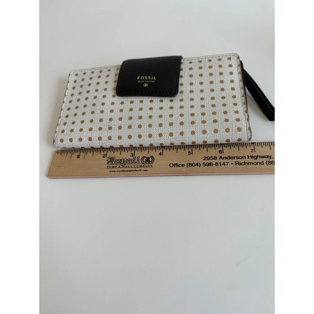 Fossil White Gold Polka‎ Dot Bifold Clutch Wallet Black Leather Snap Tab